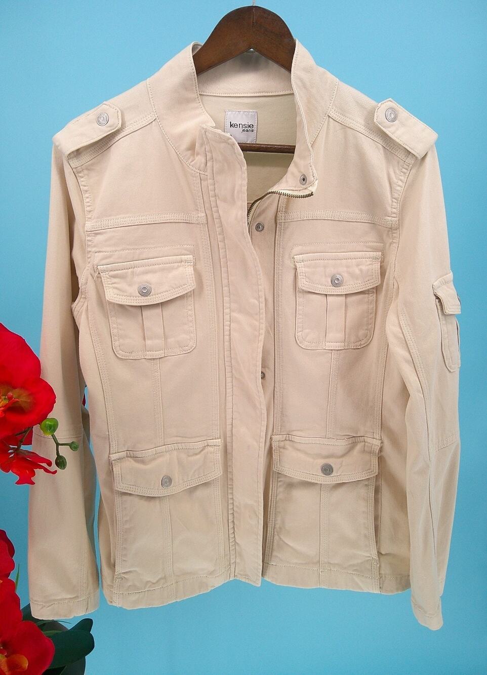 Kensie Jeans Womens Beige Lightweight Full Zip Denim Utility Cargo Jacket Size L